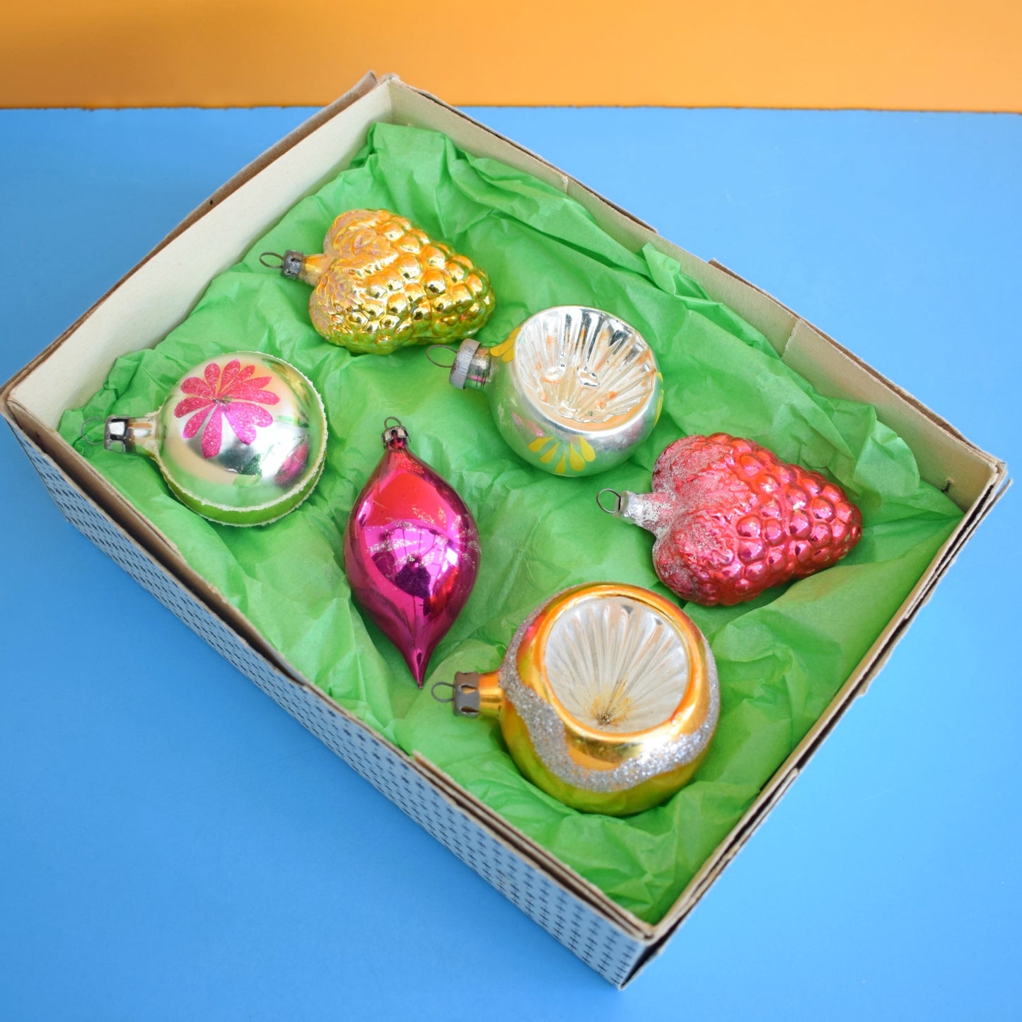 Vintage 1960s Glass Special Baubles - Pink & Green