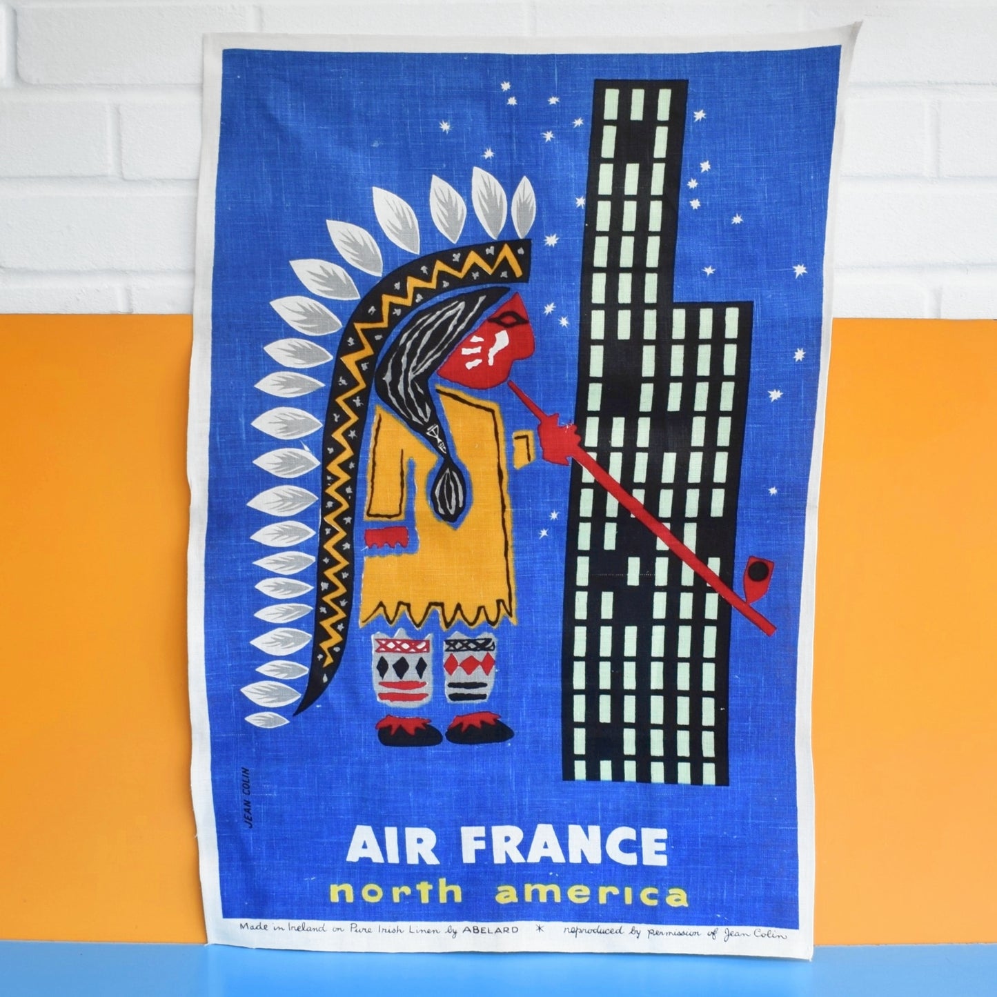 Vintage 1960s Tea Towel / Poster - Air France North American Indian - Jean Colin