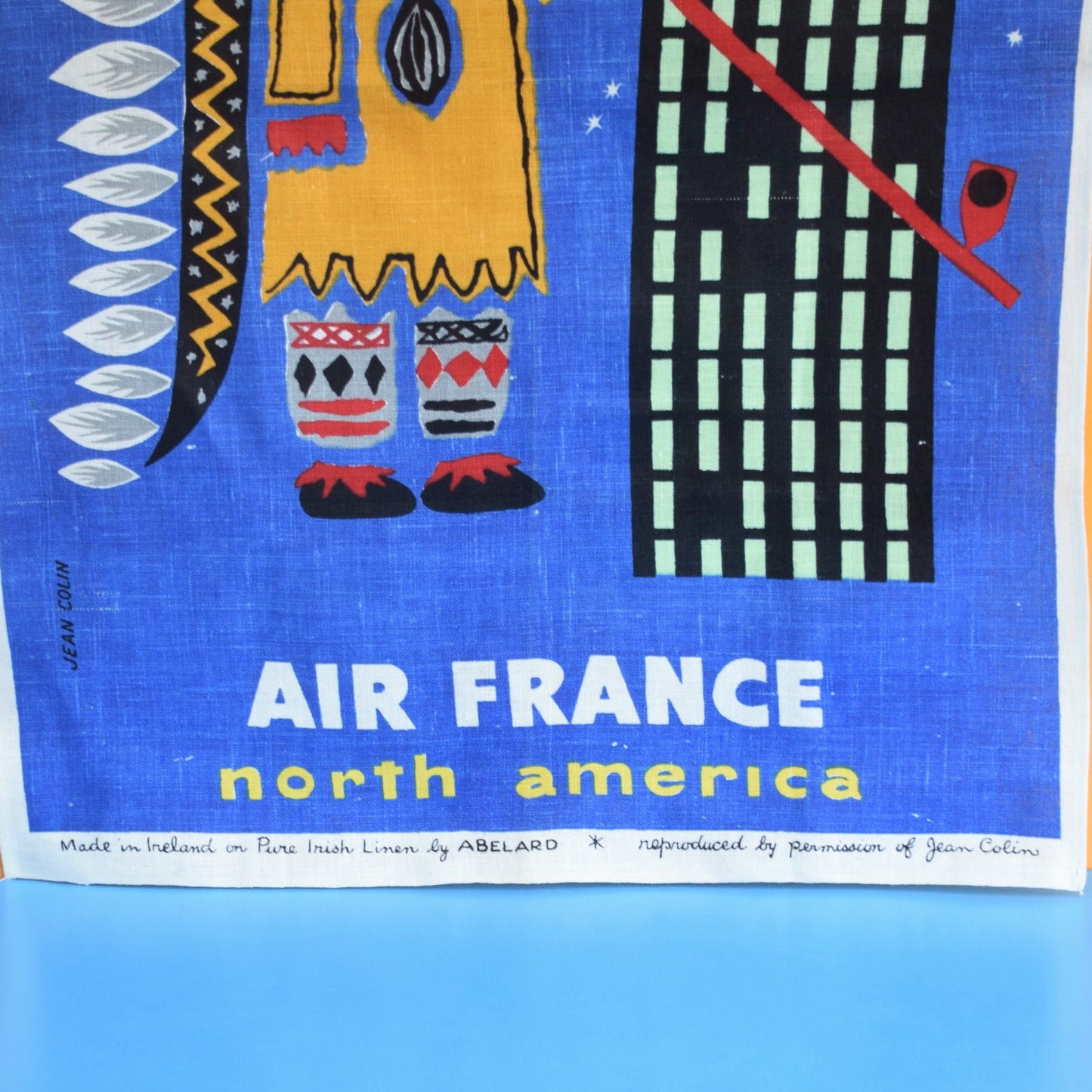 Vintage 1960s Tea Towel / Poster - Air France North American Indian - Jean Colin