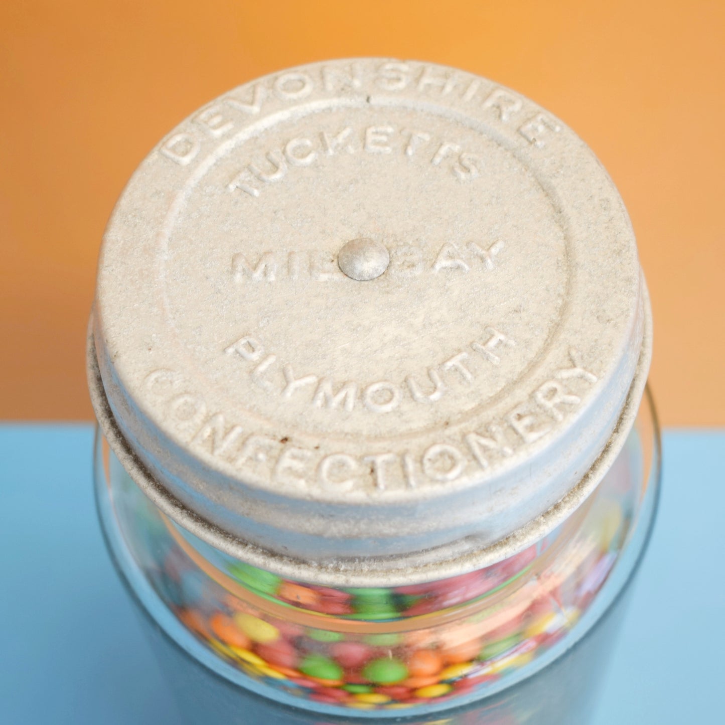 Vintage 1960s Glass Sweet Shop Jar - Tucketts Plymouth Confectionery