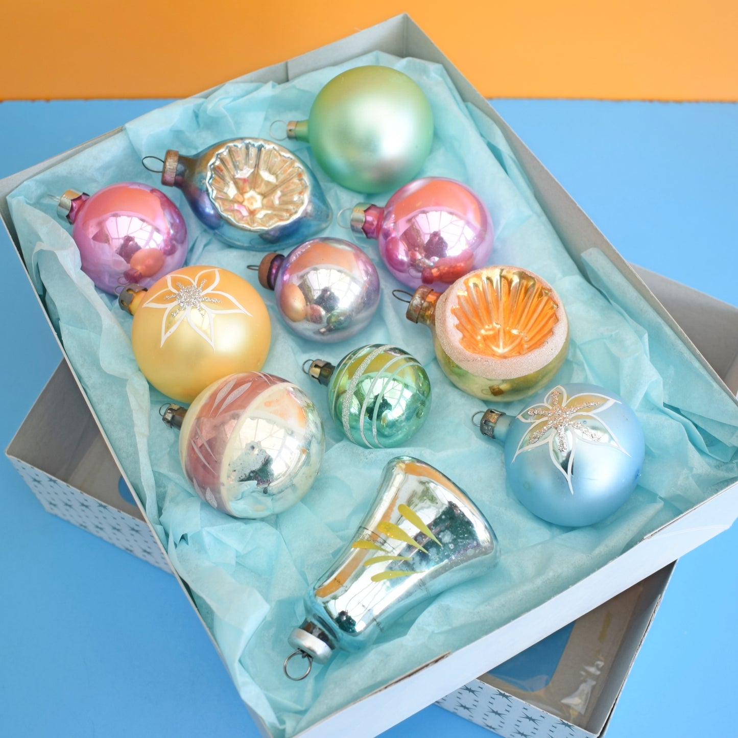 Vintage 1960s Glass Special Mixed Christmas Baubles - Pastels