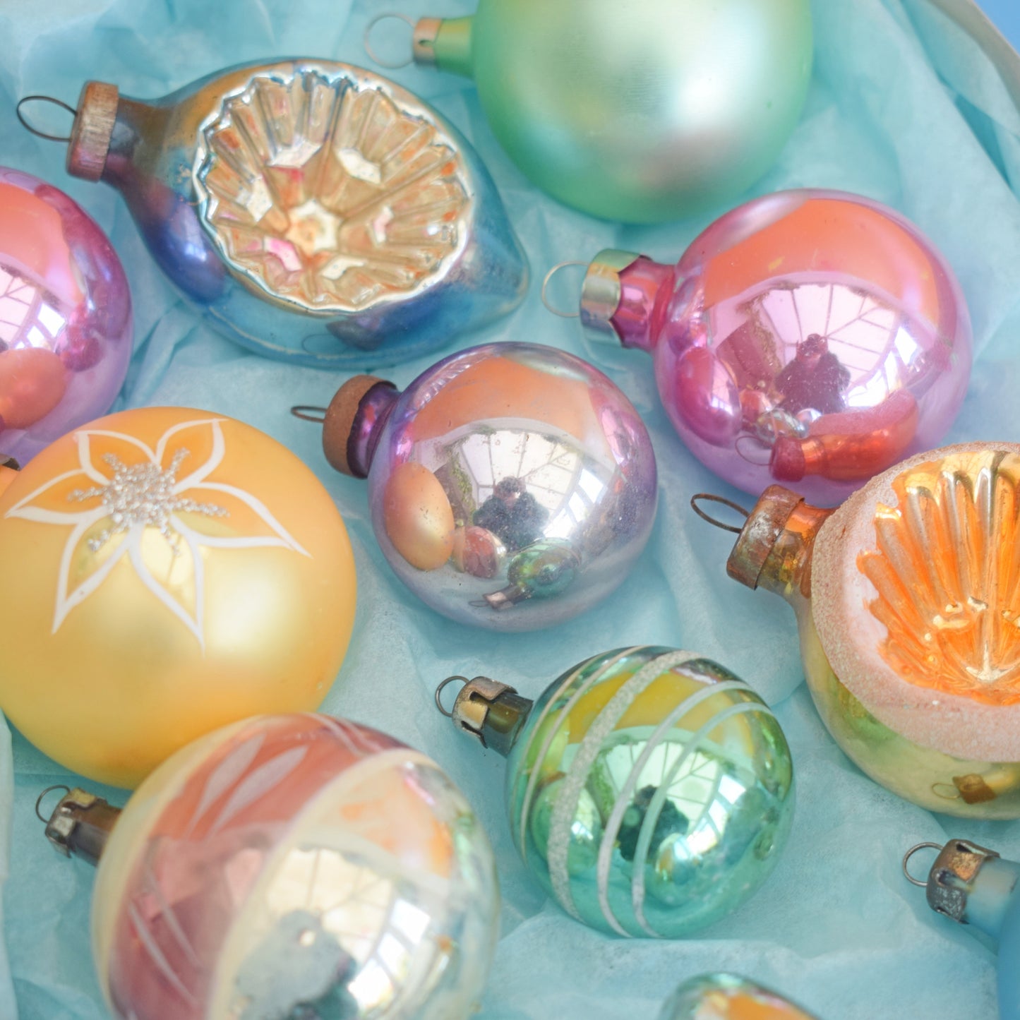 Vintage 1960s Glass Special Mixed Christmas Baubles - Pastels
