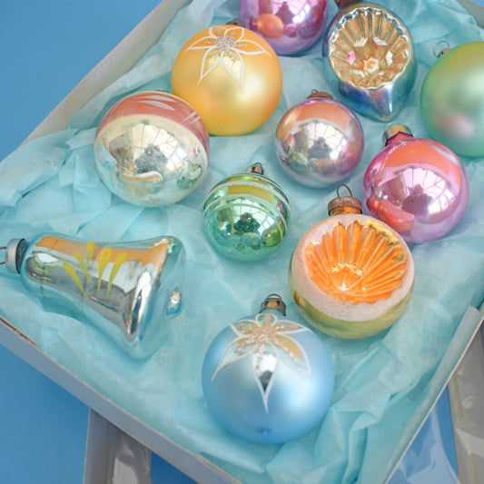 Vintage 1960s Glass Special Mixed Christmas Baubles - Pastels