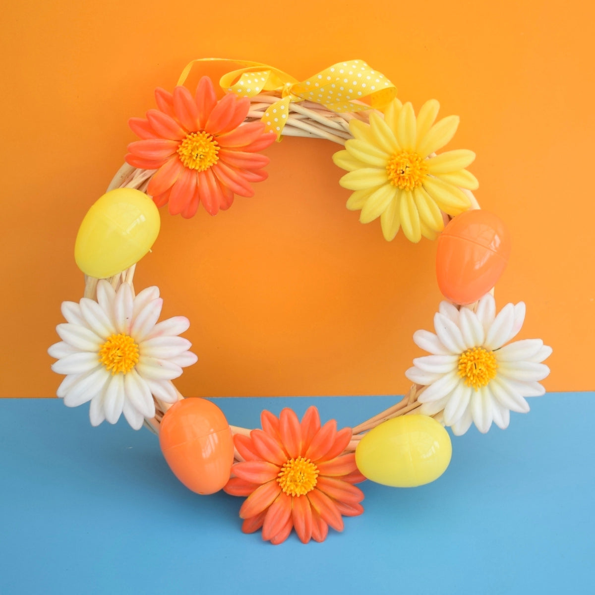 Vintage 1970s Easter / Spring Wreath- Vintage Flower Decorations - Orange / Pink by Pineapple Retro
