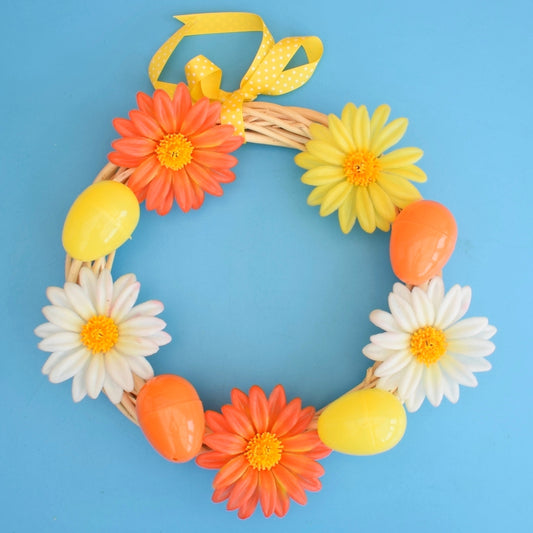 Vintage 1970s Easter / Spring Wreath- Vintage Flower Decorations - Orange / Pink