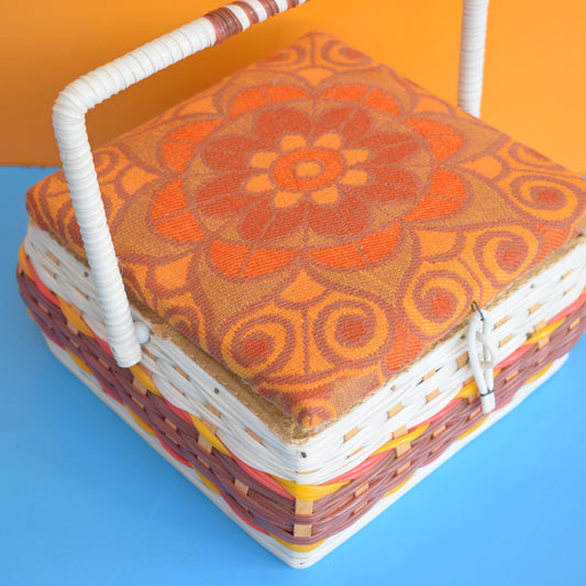 Vintage 1970s Square Sewing / Hobby Box - Orange & Brown