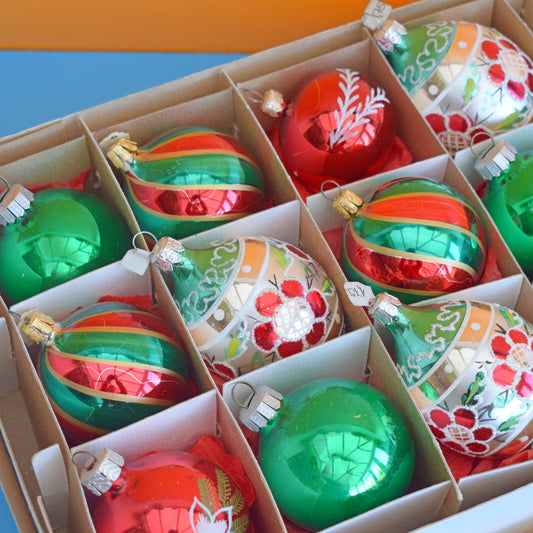 Vintage 1980s Medium Glass Christmas Baubles - Red / Green