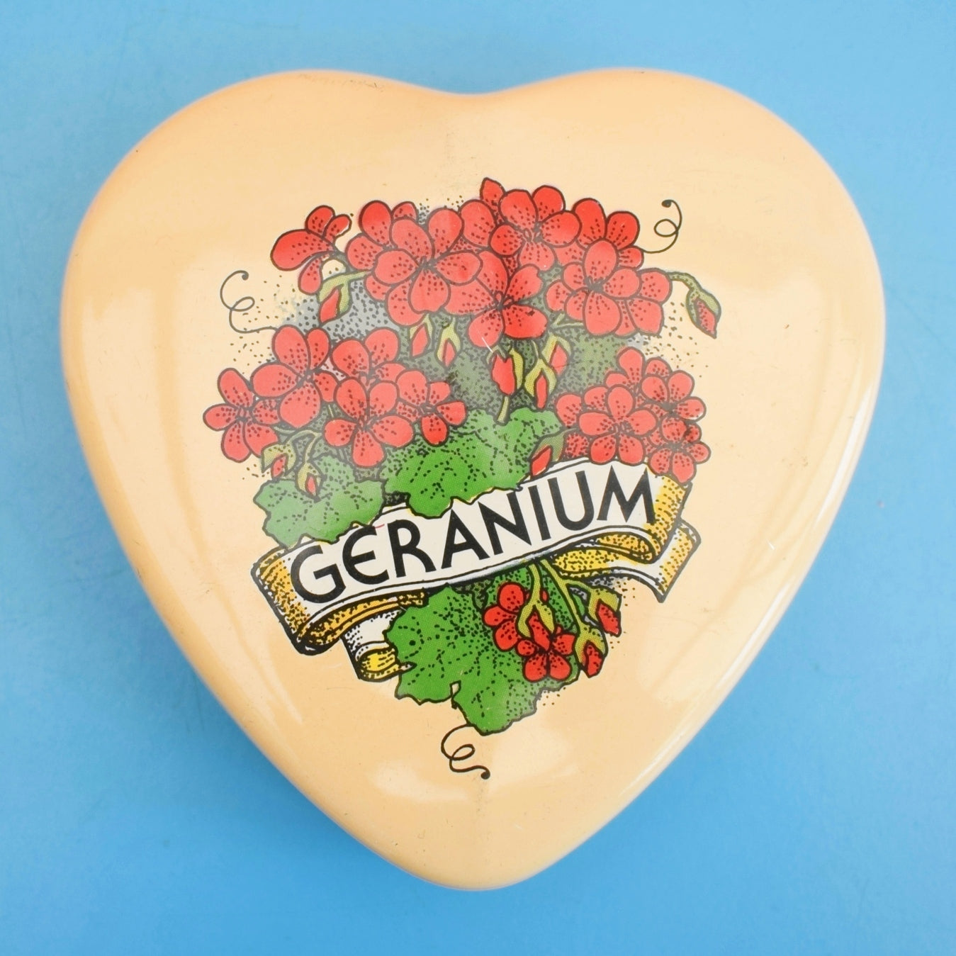 Vintage 1970s Heart Shaped Tin - Geranium / Dartington Glass Heart Paperweight