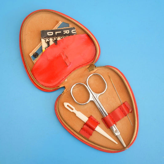 Vintage 1960s Sewing Kit - Red Leather Case - Heart Shaped