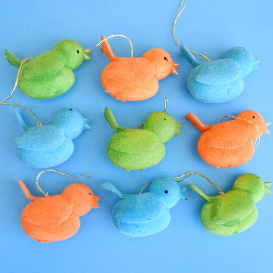 Vintage 1970s Flocked Bird Christmas Decs x9