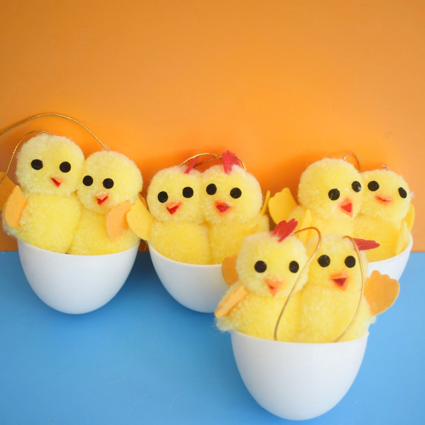 Vintage 1970s Pom Pom Chicks In Hanging Eggs