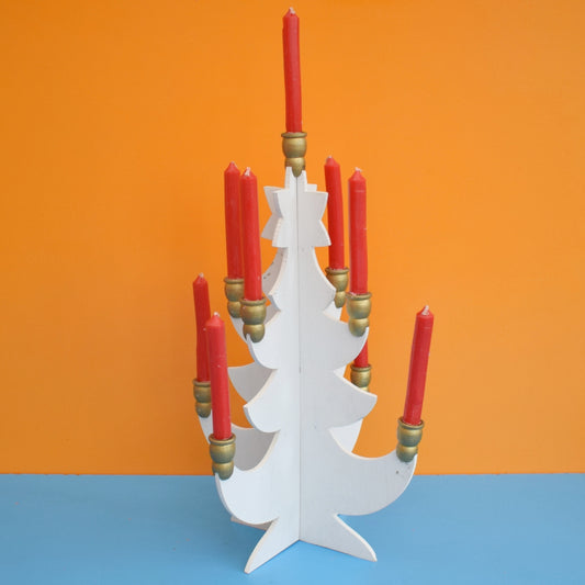 Vintage 1970s Swedish Wooden Christmas Tree Candle Holder - White