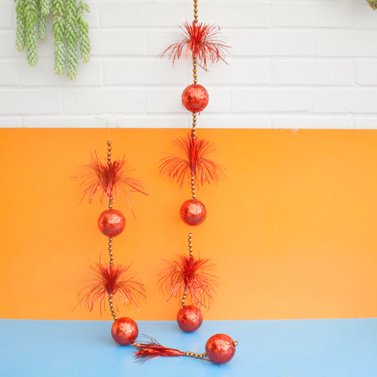Vintage 1970s Hanging Tinsel & Glass Bead Decorations - Red