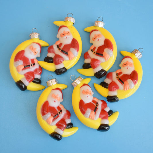 Vintage 1980s Plastic Santa & Moon Decorations x6