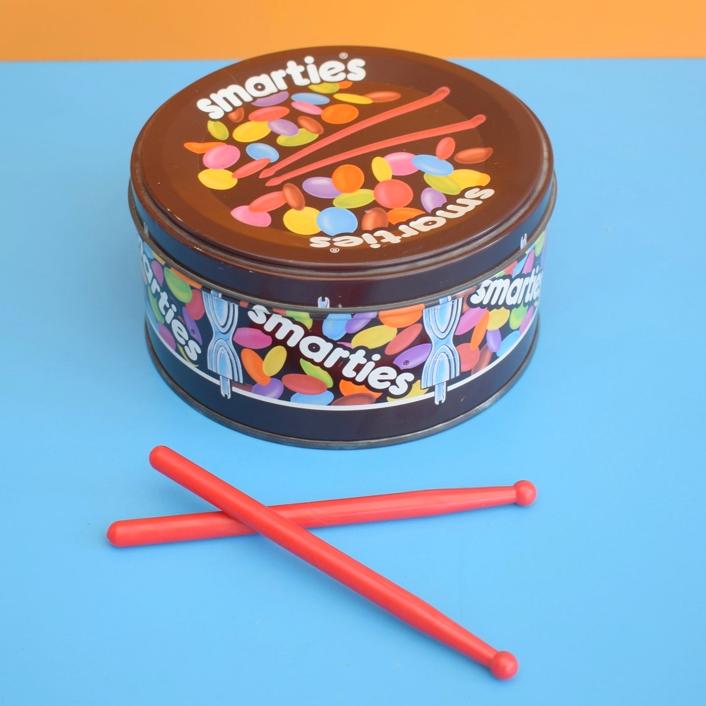 Vintage 1990s Smarties Drum Tin & Sticks