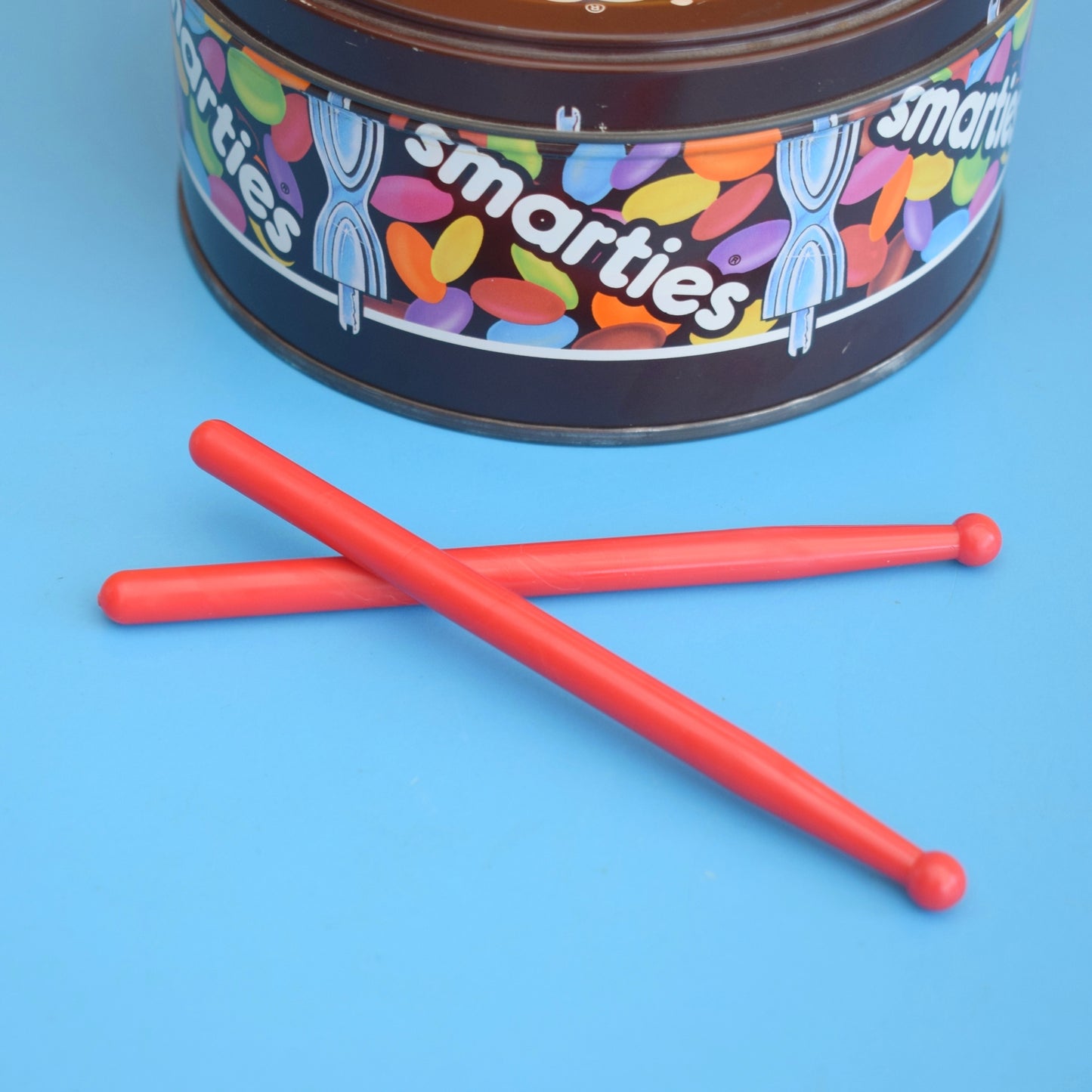 Vintage 1990s Smarties Drum Tin & Sticks