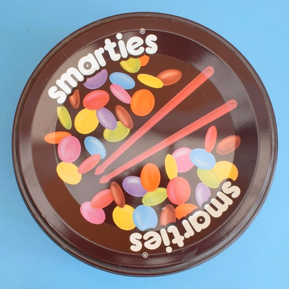 Vintage 1990s Smarties Drum Tin & Sticks