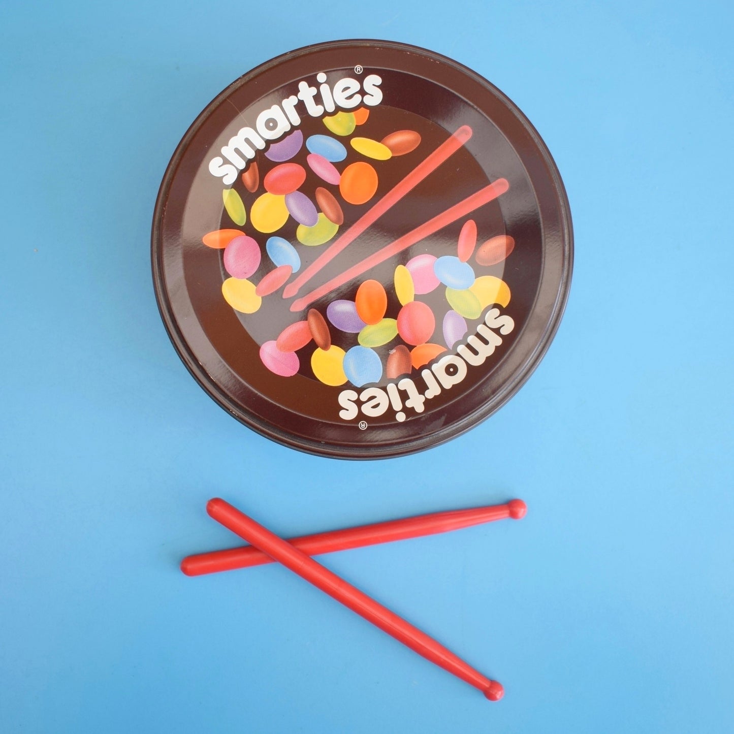 Vintage 1990s Smarties Drum Tin & Sticks