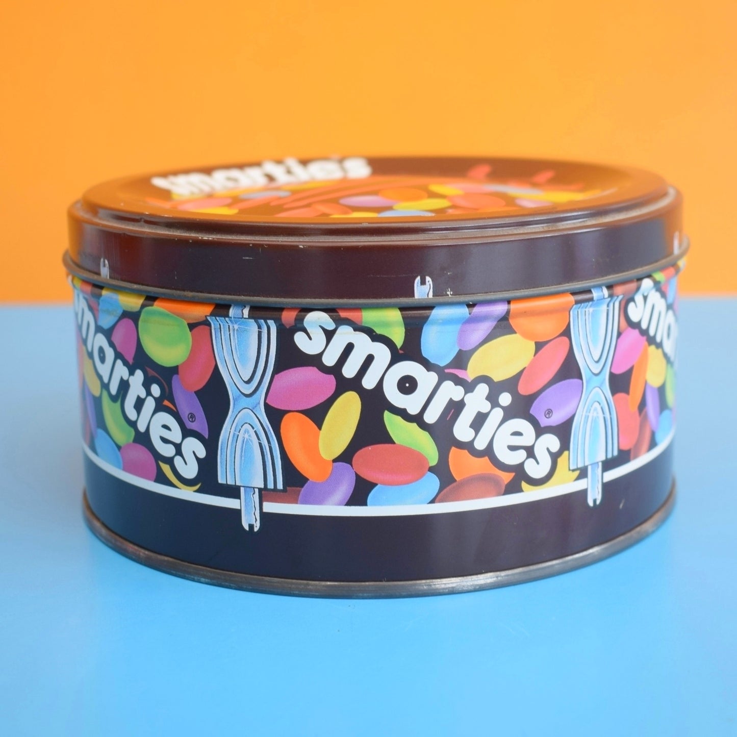 Vintage 1990s Smarties Drum Tin & Sticks