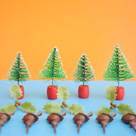 Vintage 1970s Christmas Cake Decorations - Brush Trees / Robins / Holly