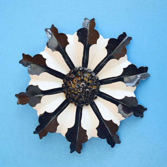Vintage 1970s Enamel Brooch Pin - Flower Design- Monochrome
