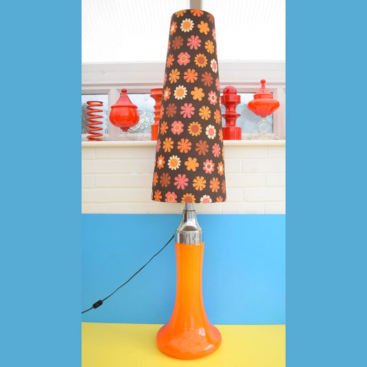 Vintage 1960s Floor Lamp - Glass / Chrome Base - Flower Power Orange & Brown Shade