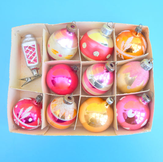 Vintage 1950s Medium Glass Christmas Baubles - Pink & Orange .