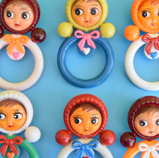 Vintage 1960s Plastic Doll Ring Rattles - Bright Rainbow Colours Nevalyashka (Russian)