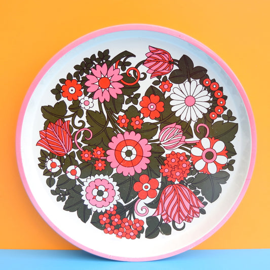 Vintage 1960s Round Tray - Flower Design - Pink