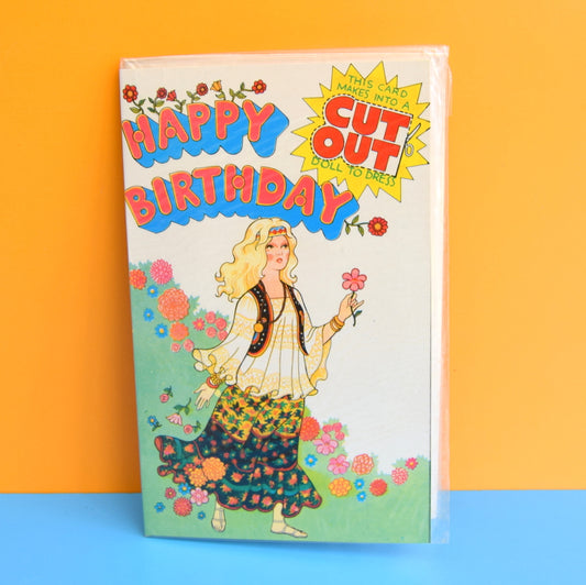 Vintage 1970s Greeting Card - Cut Out - Happy Birthday - Hippy Doll To Dress