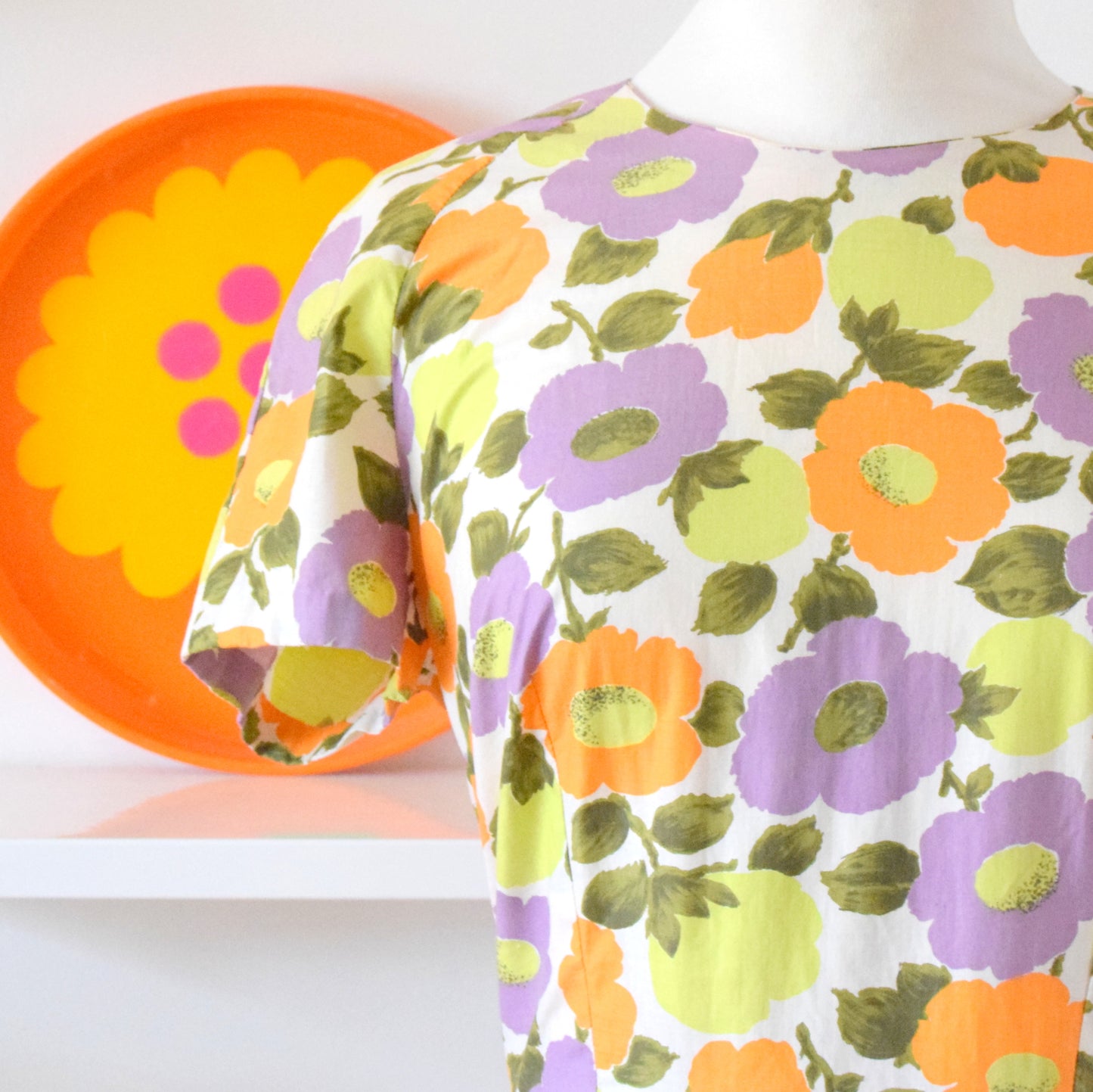 Vintage 1960s Fit & Flare Flower Power Dress - Sz 14 - Purple & Orange by Pineapple Retro