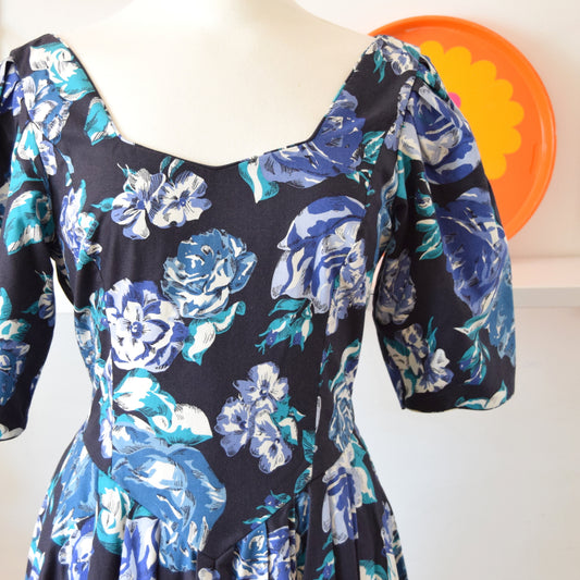 Vintage 1980s Laura Ashley Dress - Blue Flowers - Size 14