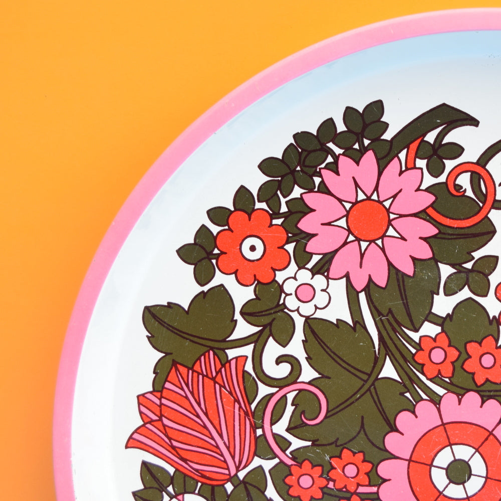 Vintage 1960s Round Tray - Flower Design - Pink