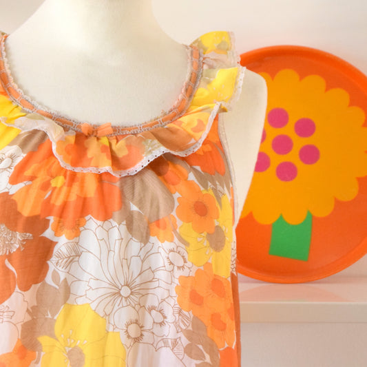 Vintage 1960s Dress / Nightie - Flower Power - Size 12-14 Orange by Pineapple Retro