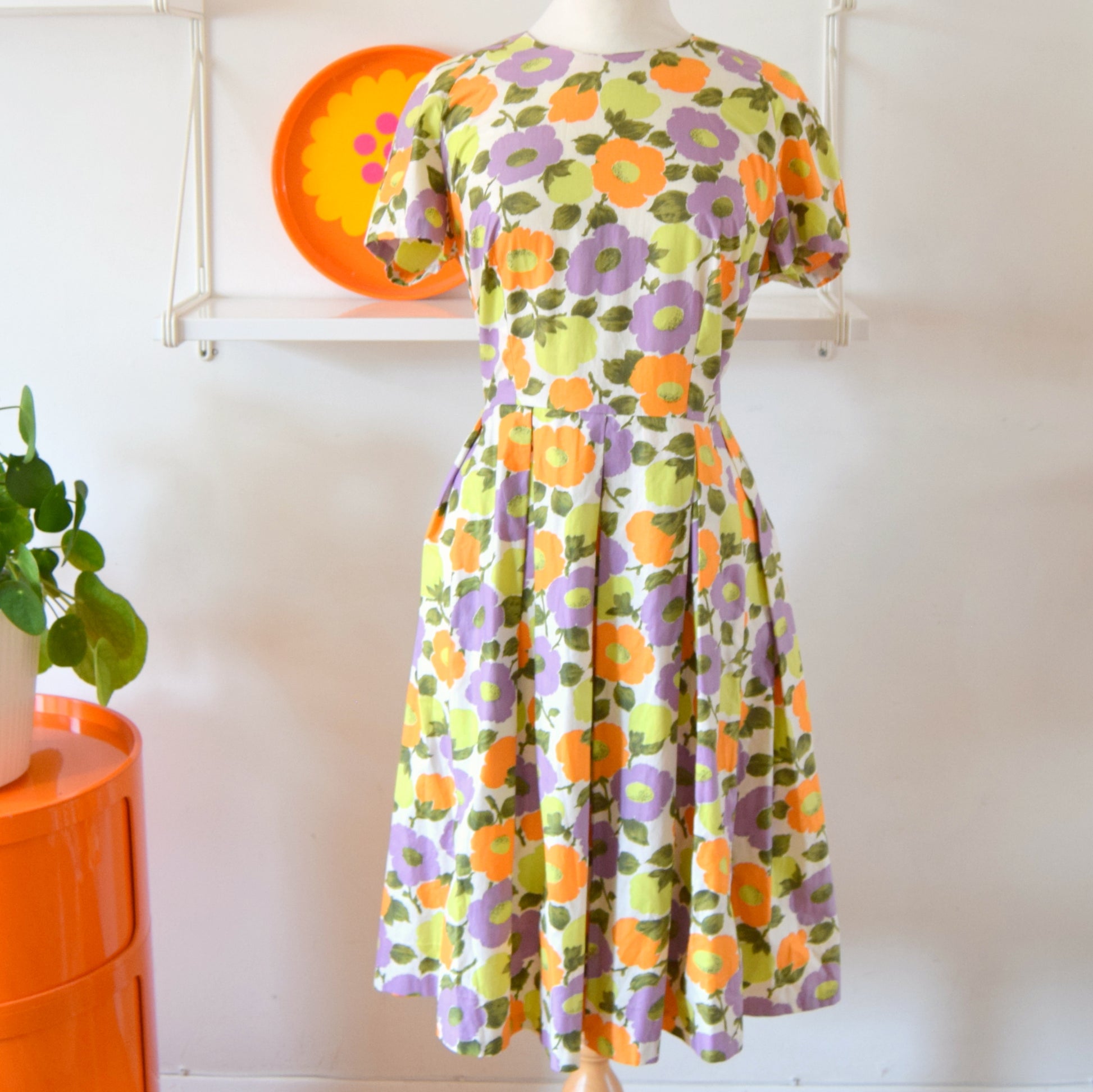 Vintage 1960s Fit & Flare Flower Power Dress - Sz 14 - Purple & Orange by Pineapple Retro