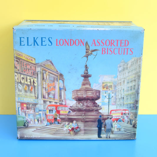 Vintage 1950s Metal Elkes Large Biscuit Tin - London Design by Vintage