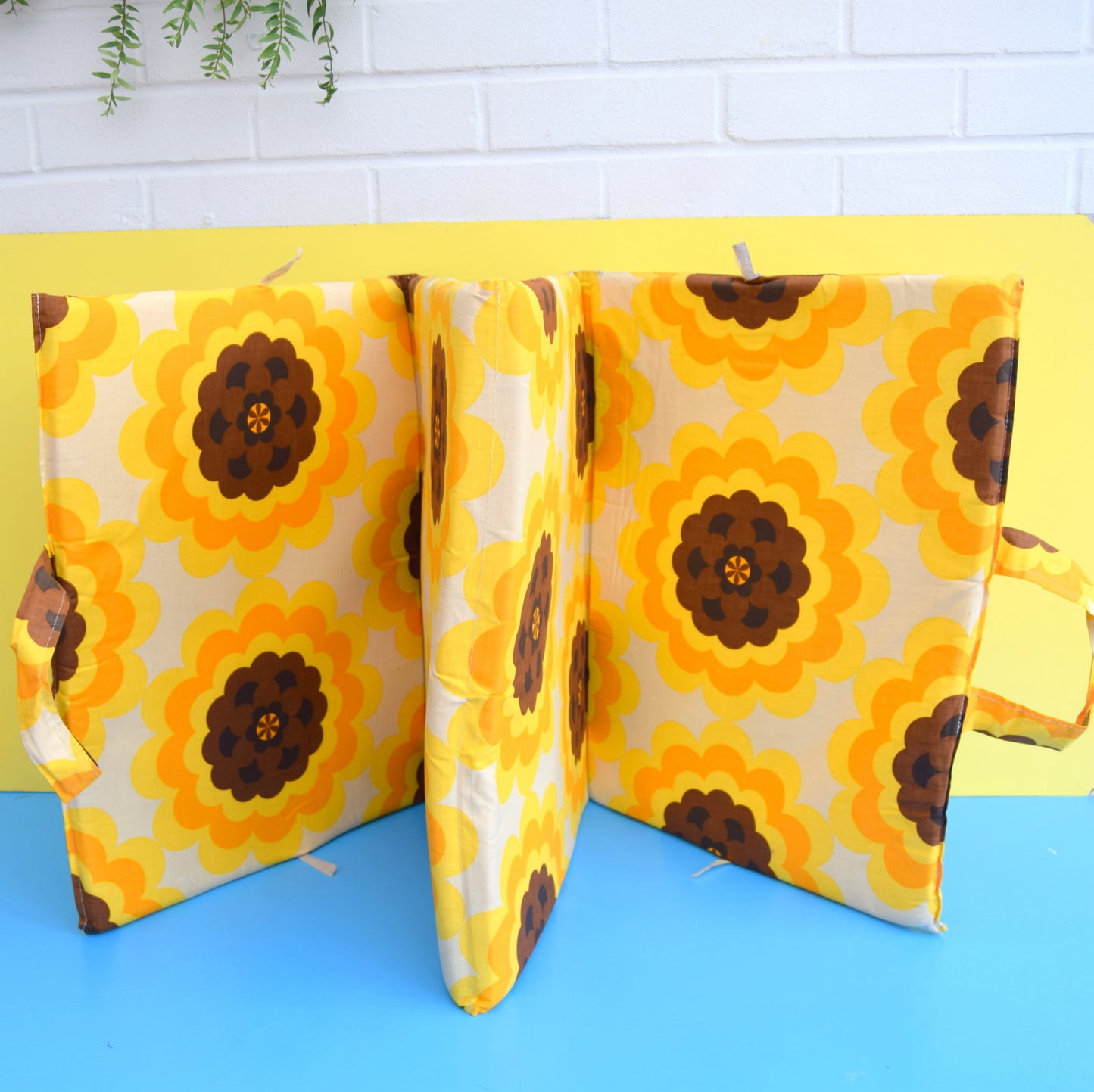 Vintage 1960s Padded Long Folding Cushion - Yellow & Brown Flower Power