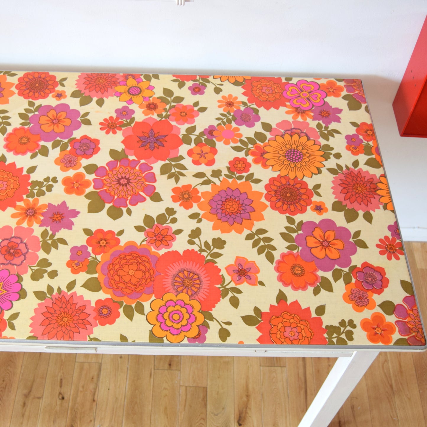 Vintage 1960s Vinyl Covered Table - Flower Power - Pink & Orange