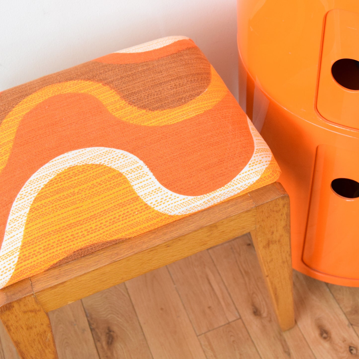 Vintage 1960s Wooden Stool - Orange Swirl Fabric