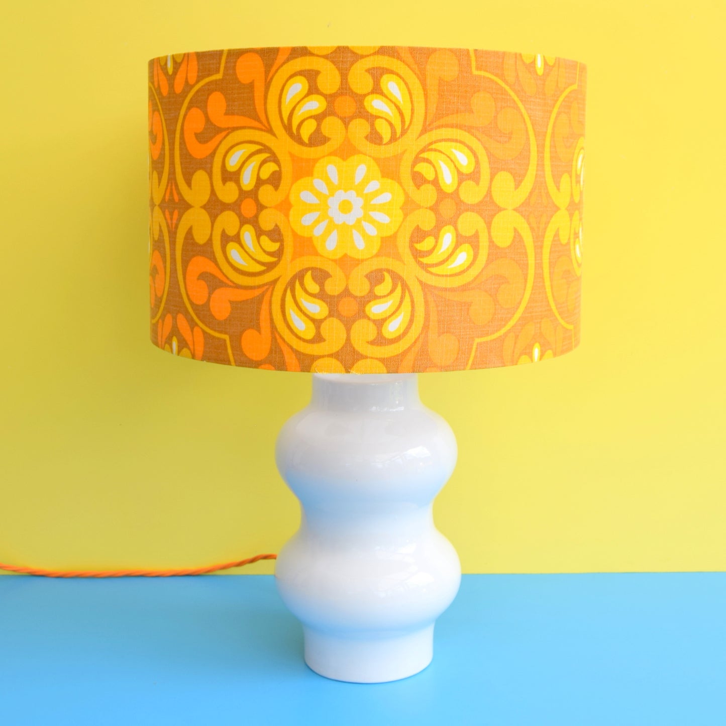 Vintage 1960s White Table Lamp - Yellow & Orange Swirl Shade