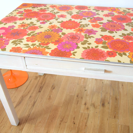 Vintage 1960s Vinyl Covered Table - Flower Power - Pink & Orange