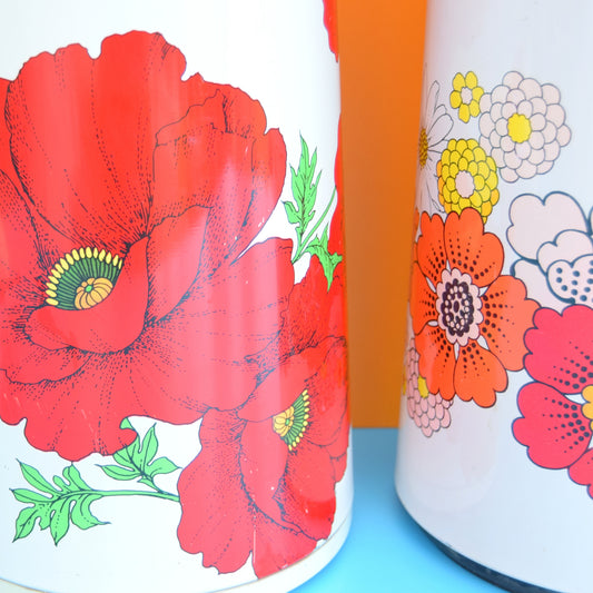 Vintage 1960s Giant Family Thermos Flasks - Flower Power Design