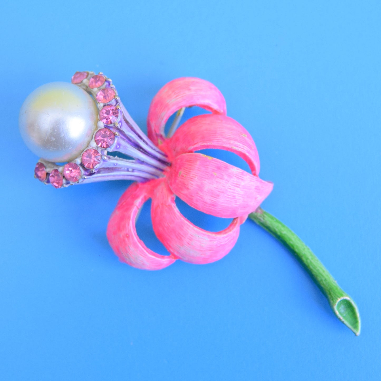 Vintage 1970s Enamel Brooch Pins - Flower Designs - Pink Mixed