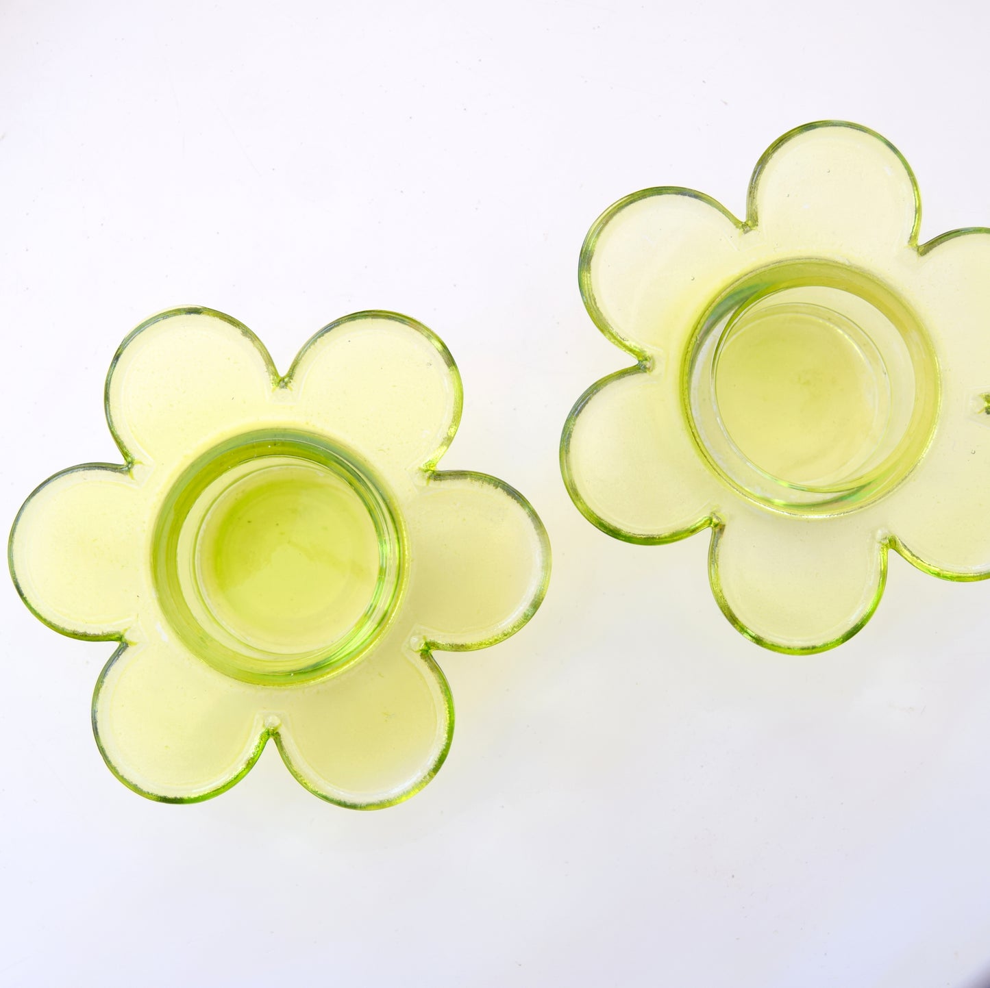 Vintage 1990s Glass Flower Candle Holders x2 - Lime Green