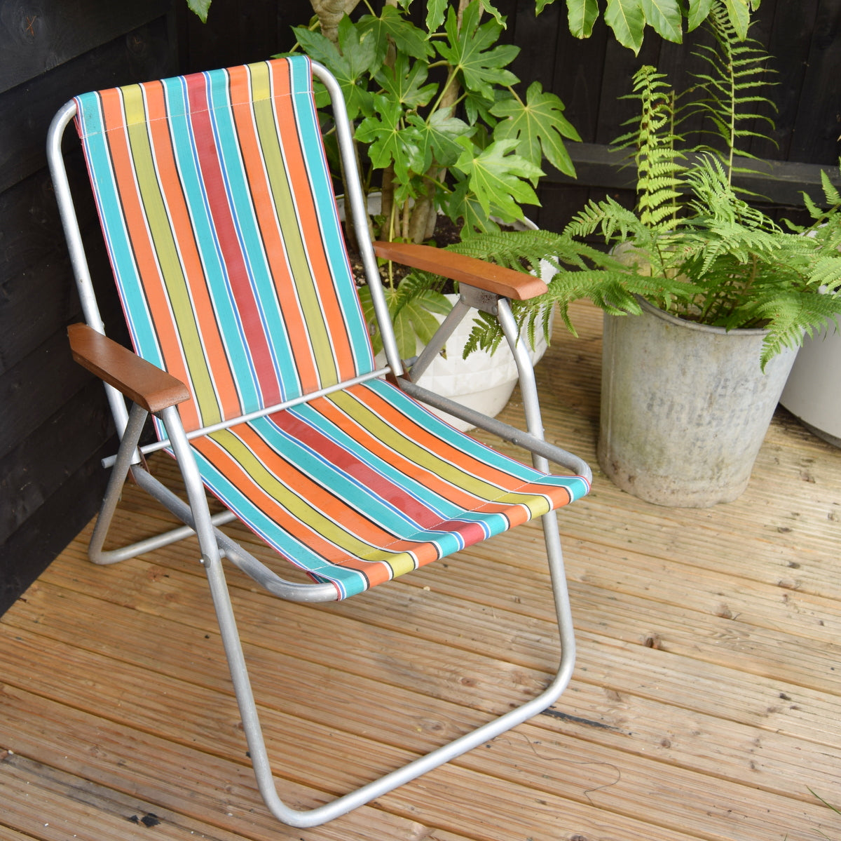 Vintage 1970s Folding Garden Chair / Parasol - Stripes- Orange, Blue