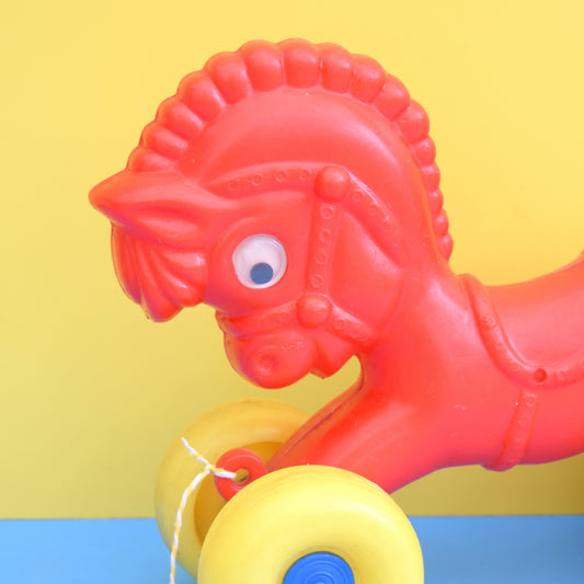 Vintage 1960s Plastic Horse With Wheels - Red & Yellow