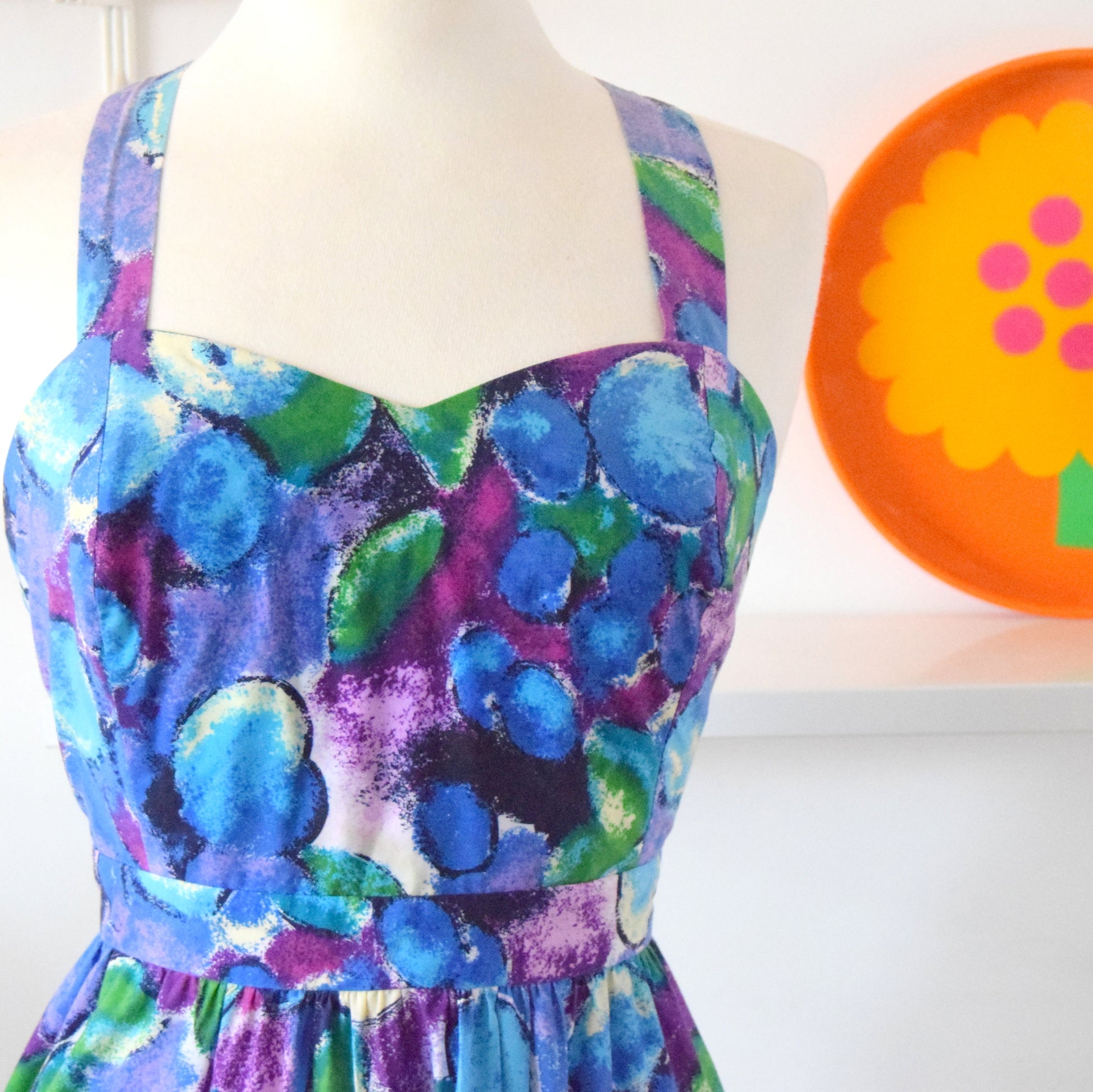 Vintage 80s Cross Back Fit & Flare Dress - Blue / Purple - Sz 14 Pineapple Retro Vintage 80s Cross Back Fit & Flare Dress - Blue / Purple - Sz 14 Pineapple Retro