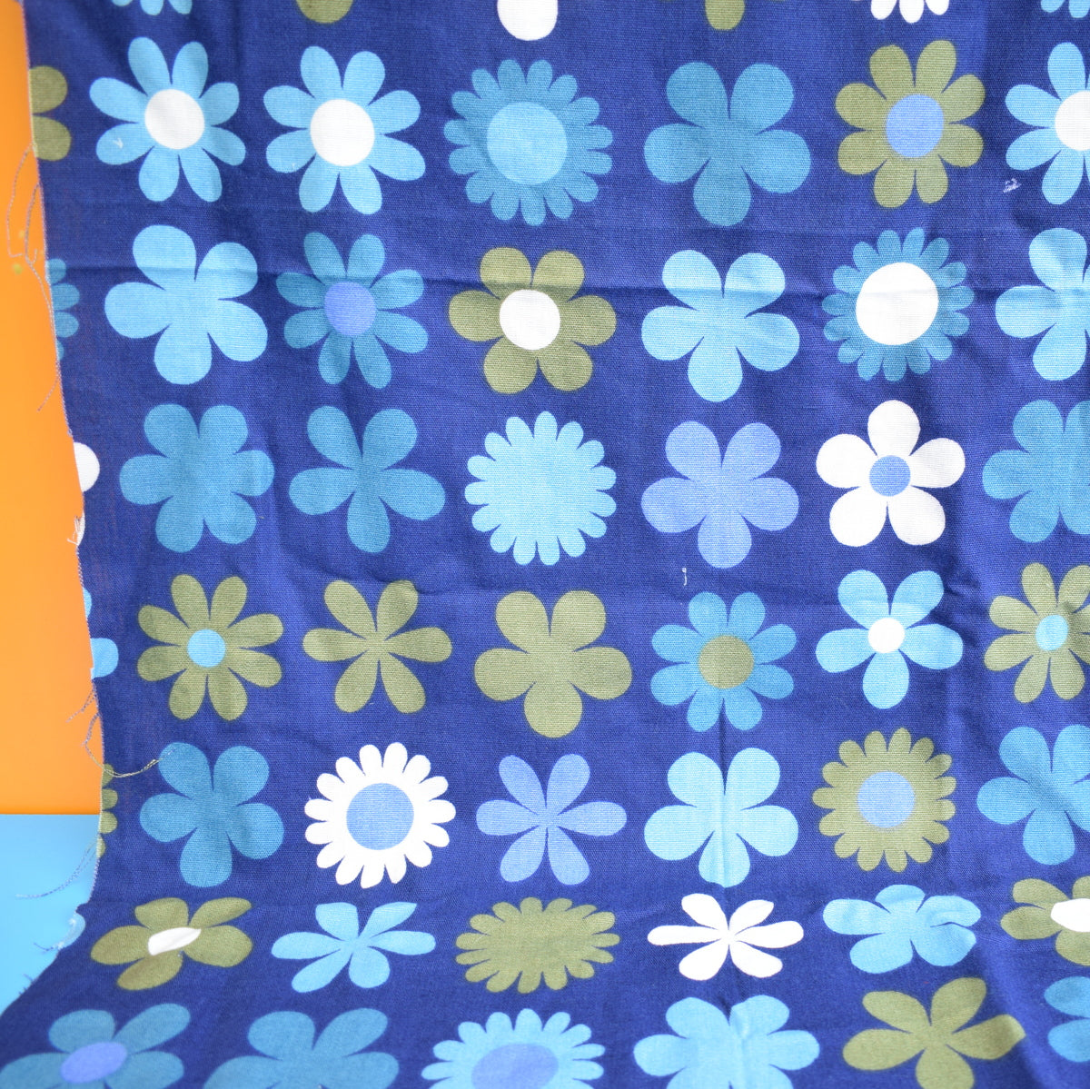 Vintage 1960s Fabric - Genia Sapper Heidi - Flower Power - Blue .