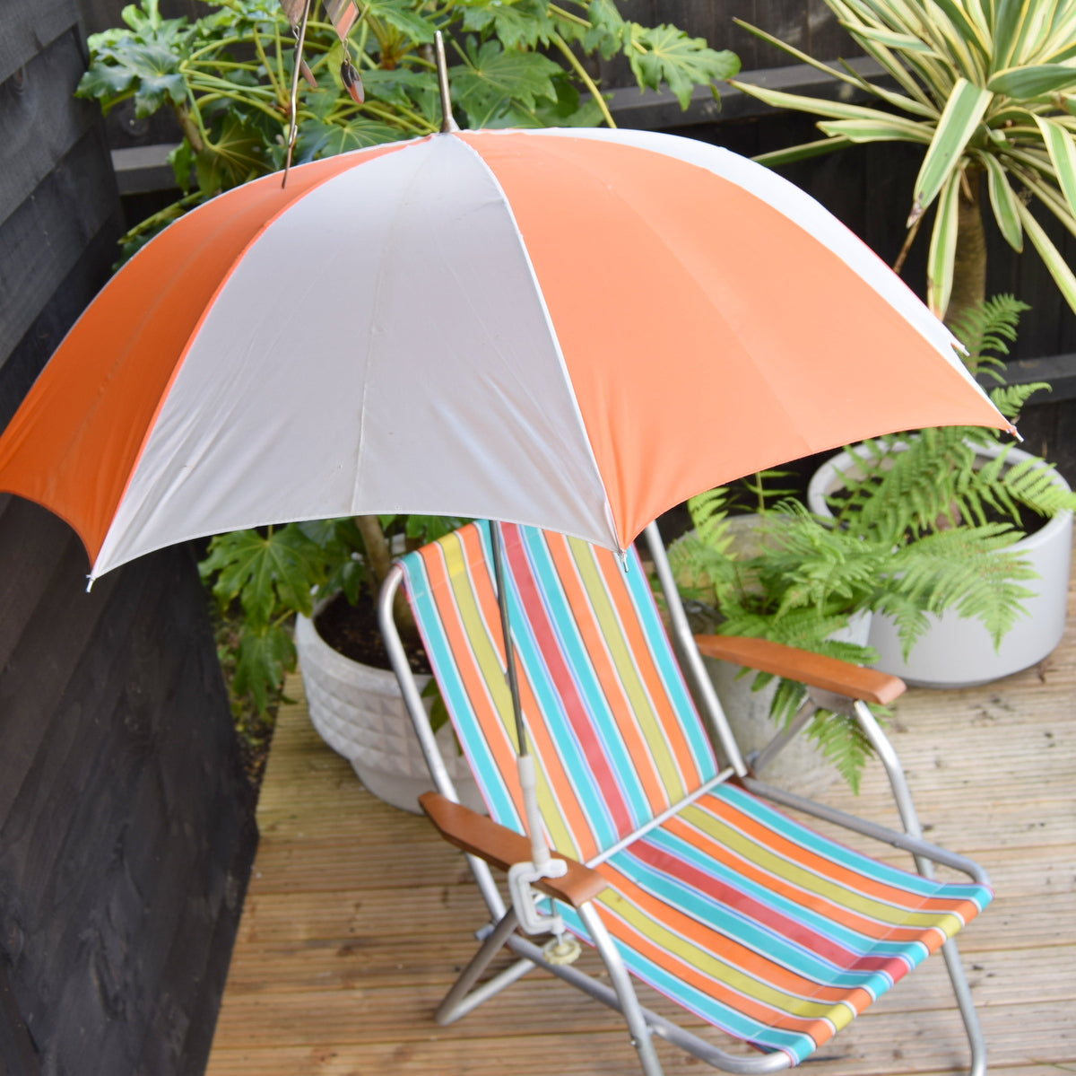 Vintage 1970s Folding Garden Chair / Parasol - Stripes- Orange, Blue