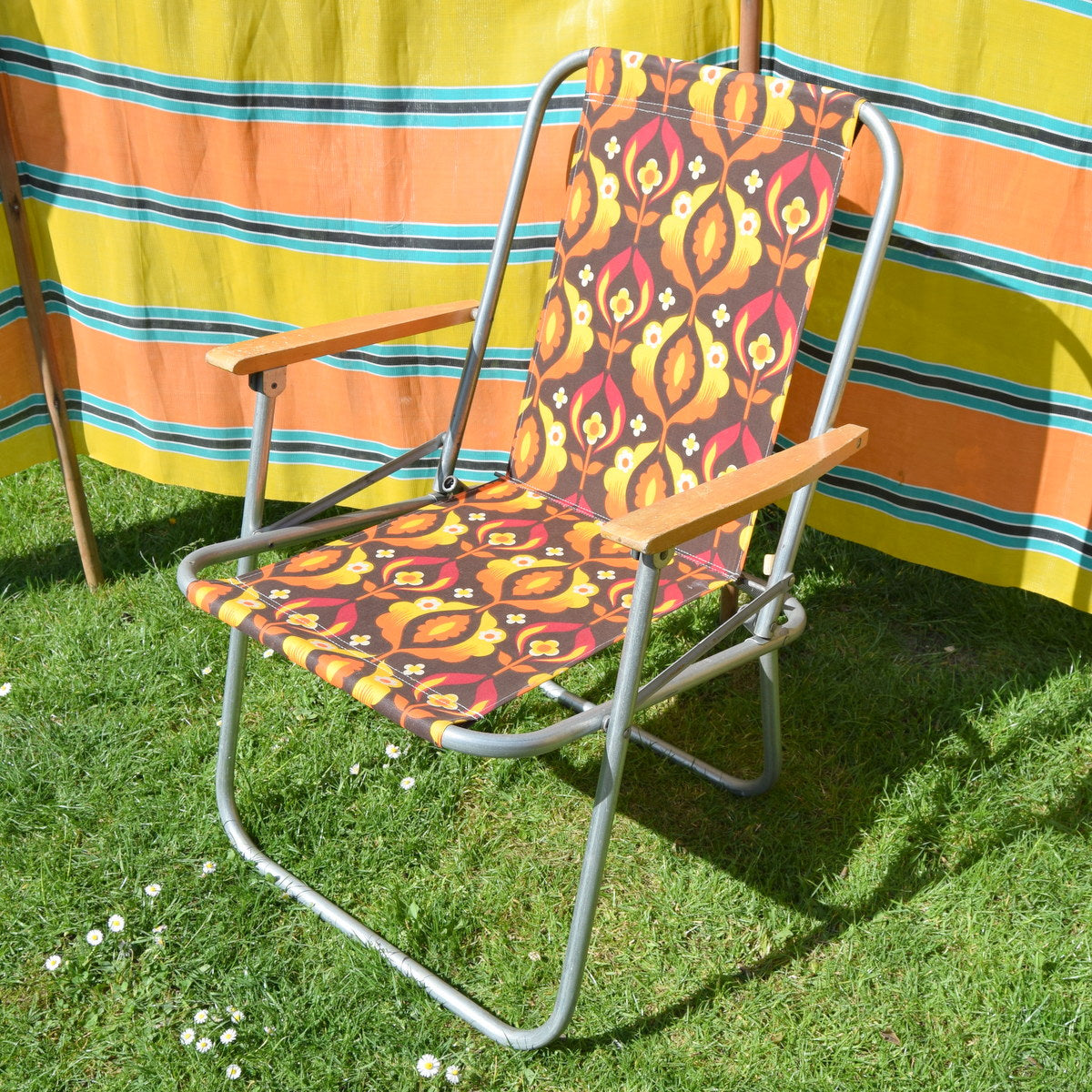 Vintage 1960s Folding Garden Chair - Geo Flower Power - Orange